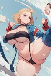 1girls ahoge ai_generated antenna_hair ass barely_clothed belt_bra big_breasts blonde_female blonde_hair blonde_hair_female blue_eyes blue_jacket bra breasts cammy_white cleavage collar female female_fighter female_focus female_only fighter fighting_gloves fighting_stance gloves jacket kick kicking leg_spread motion_blur motion_lines panties red_gloves serious short_hair solo solo_female solo_focus spin_kick street_fighter street_fighter_6 thick thick_ass thick_thighs thighs thong toned toned_female underboob underwear