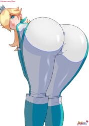 1girls ass ass_focus azex biker_clothes blonde_hair blue_eyes bodysuit boots crown gloves hi_res leaning_forward looking_at_viewer looking_back mario_(series) mario_kart nintendo one_eye_obstructed princess_rosalina scarf skin_tight solo tight_clothing