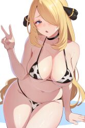 1girls 2023 bikini blonde_hair blush breasts cleavage cow_bikini cow_print cynthia_(pokemon) female female_only grey_eyes hair_ornament hair_over_one_eye hego_0102 highres large_breasts long_hair nintendo open_mouth peace_sign plain_background pokemon pokemon_dppt solo v very_long_hair white_background