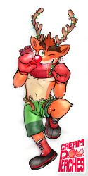 1boy 2019 anthro artist_logo bandicoot belt candy candy_cane christmas clothed clothing crash_(series) crash_bandicoot creamin_peaches fur furry furry_male furry_only gloves green_eyes green_shorts horns male male_only marsupial merry_christmas orange_fur red_nose red_scarf reindeer scarf shorts simple_background solo tagme unbuttoned unbuttoned_shorts unzipped video_games white_background