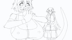 2girls anthro artificial_cum big_breasts black_and_white dildo dildo_in_mouth dildo_paizuri dildo_titfuck exercise_clothing furry gigantic_breasts greatveemon huge_breasts hyper_breasts japanese_kobold miia_(monster_musume) monster_musume_no_iru_nichijou nipple_bulge nipples_visible_through_clothing overflowing_breasts polt_(monster_musume) wip