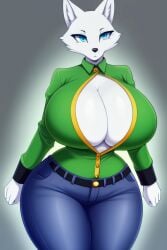 1girls 4_fingers ai_generated anime_style anthro anthro_only anthrofied belt big_breasts blue_eyes breasts canine cleavage clenched_fists clenched_hands clothed clothes clothing collared_shirt eyebrows eyelashes female female_only fully_clothed furry grey_background hips huge_breasts humanoid ilya_efimov jeans large_breasts long_sleeves looking_at_viewer mammal shirt simple_background solo solo_female stable_diffusion thick thick_thighs thighs top_heavy white_body white_fur white_skin wide_hips wolf