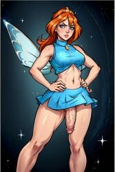 4kids_entertainment ai_generated bloom_(winx_club) charmix crop_top flaccid_penis futanari hands_on_hips large_penis looking_back miniskirt nickelodeon no_panties rainbow_(animation_studio) red_hair sleveless tiara winx_club