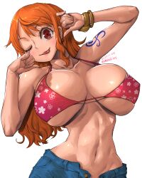 1girls amania_orz belly_button bikini_top bikini_top_only bracelet breasts curvy female female_only hourglass_figure huge_breasts jeans large_breasts light-skinned_female log_pose long_hair midriff nami navel no_panties no_underwear one_eye_closed one_piece open_clothes open_pants orange_hair pants post-timeskip slim_waist solo tongue tongue_out unbuttoned unbuttoned_pants wide_hips wink