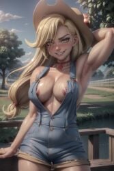 ai_generated applejack_(eg) applejack_(mlp) armpits big_breasts bookoflustfan breasts_out cowboy_hat equestria_girls farm farmgirl hourglass_figure human humanized my_little_pony overalls tagme thick_ass