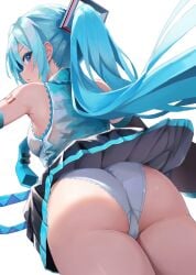 aqua_eyes aqua_hair aqua_necktie ass backboob bare_shoulders blush breasts closed_mouth clothes_lift collared_shirt cowboy_shot female floating_hair from_behind from_below good_ass_day hatsune_miku highres lace lace-trimmed_panties lace-trimmed_shirt lace_trim long_hair looking_at_viewer looking_back medium_breasts miniskirt necktie panties pleated_skirt profile shirt simple_background skirt skirt_lift solo takepon1123 twintails underwear very_long_hair vocaloid white_background white_panties wind wind_lift