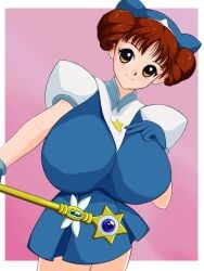 1990s_(style) 2023 atlus blue_dress blue_gloves blue_headwear blue_skirt breasts brown_hair female female_focus gouketsuji_ichizoku hat holding_staff holding_weapon large_breasts looking_at_viewer magical_girl milkcarton_man miniskirt solo staff star_(symbol) wand