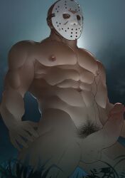 1boy 2021 balls bara bara_tits barazoku big_balls big_penis boner completely_nude erection friday_the_13th gay hard_on hi_res highres hockey_mask jason_voorhees looking_at_viewer male male_focus male_nipples male_only manly mask masked masked_male muscular_male nipples nude penis saury solo solo_male yaoi