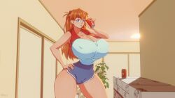 asuka_langley_sohryu big_breasts blue_eyes breasts ginormous_breasts hi_res huge_breasts n647 neon_genesis_evangelion red_hair soda soda_can thick_thighs towel wide_hips