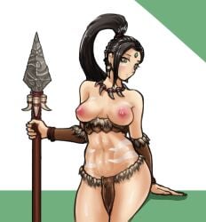 1girl 1girls black_hair black_hair_female breasts breasts_out female forehead_jewel gem_on_forehead green_background green_eyes green_eyes_female hi_res high_res high_resolution highres jewel_on_forehead league_of_legends nidalee orcagun ponytail ponytail_female riot_games simple_background skimpy skimpy_clothes skimpy_costume skimpy_dress skimpy_outfit solo solo_female solo_focus spear strapless strapless_top strapless_topwear topless topless_female tribal_markings tribal_tattoo tribal_tattoos tube_top visible_nipples white_background