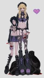 2girls alternate_costume arm_warmers axe bikini_top black_hair blonde_hair blood boots chest_tattoo cigarette cleavage clown_makeup detached_sleeves donquixote_rosinante female female_only full_body genderswap_(mtf) gothic_lolita halloween leg_warmers lingerie lolita_fashion long_hair looking_at_viewer maid_headdress makeup medium_breasts nwq_hz one_piece platform_boots platform_footwear red_eyes rule_63 scars short_hair smoking spiked_collar standing stockings tattoo tattoos thighhighs torn_clothes torn_legwear trafalgar_law trafalgar_law_(female) underboob weapon yellow_eyes yuri