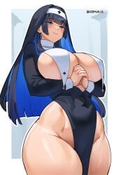 1girls blue_eyes blue_hair breasts child_bearing_hips cromwellb female female_only hi_res hips hololive hololive_english hololive_english_-council- hololive_english_-promise- huge_breasts light-skinned_female light_skin long_hair nun nun's_habit nun_outfit ouro_kronii simple_background solo thick_thighs thighs virtual_youtuber wide_hips