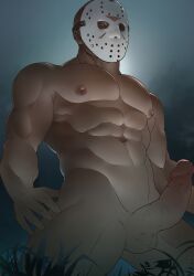 1boy 2021 balls bara bara_tits barazoku big_balls big_penis boner completely_nude erection friday_the_13th gay hard_on hi_res highres hockey_mask jason_voorhees looking_at_viewer male male_focus male_nipples male_only manly mask masked masked_male muscular_male nipples nude penis saury solo solo_male yaoi