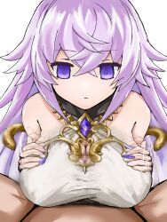 1boy breast_hold breasts censored cleavage_cutout clothing_cutout empty_eyes expressionless female grimms_notes highres huge_breasts long_hair looking_down magic_mirror_(grimms_notes) mosaic_censoring paizuri paizuri_under_clothes penis pompurinpurin pov purple_eyes purple_hair simple_background small_penis solo_focus white_background