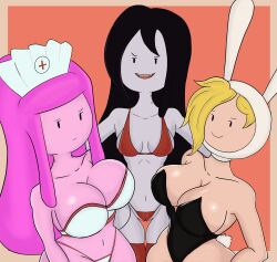 3girls adventure_time big_breasts bikini bikini_bottom bikini_top black_hair blonde_hair breasts female female_focus female_only fionna_the_human_girl grey_body grey_skin halloween_costume incutiaarts marceline pink_body pink_hair pink_skin playboy_bunny playboy_bunny_costume playboy_bunny_leotard princess_bubblegum thick_thighs vampire vampire_girl voluptuous_female