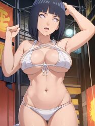 1girls ai_generated big_breasts bikini blue_hair boruto:_naruto_next_generations breasts female female_focus female_only hyuuga_hinata light-skinned_female light_skin looking_at_viewer midriff milf missessai naruto naruto_(series) navel solo solo_female solo_focus white_bikini white_eyes