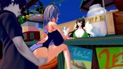 1boy 2girls 3d 3d_animation animated arknights beach chair faust_(arknights) female from_behind gavial_(arknights) greythroat_(arknights) huge_breasts koikatsu male self_upload sex shorter_than_30_seconds sitting sitting_on_chair spyrodragon2003 standing stealth_sex stool_position tagme video