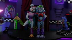 3d accurate_art_style chica_(fnaf) five_nights_at_freddy's five_nights_at_freddy's:_security_breach glamrock_chica_(ashleyorange) glamrock_chica_(fnaf) hugging masturbating masturbation_through_clothing neon_lights roxanne_wolf_(fnaf) roxanne_wolf_(x3milky) through_clothes through_clothing