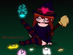 blush broomstick female_only friday_night_funkin girlfriend_(friday_night_funkin) halloween halloween_costume potion potion_bottle roseylolman thighhighs very_long_hair watermark witch witch_hat