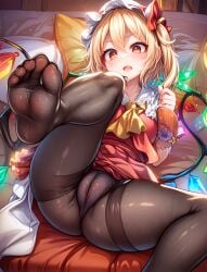 1girls 5_toes ai_generated alternate_breast_size bed bedroom big_breasts black_legwear blonde_hair blush cameltoe clothed feet female female_focus female_only flandre_scarlet foopanthia foot_fetish foot_focus from_below legs legwear long_hair looking_at_viewer lying pantyhose presenting presenting_pussy red_eyes sole_female soles solo solo_female solo_focus spread_legs teasing thick_thighs thighs toes touhou wings