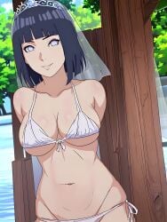 1girls ai_generated big_breasts bikini blue_hair boruto:_naruto_next_generations breasts female female_focus female_only hyuuga_hinata light-skinned_female light_skin looking_at_viewer midriff milf missessai naruto naruto_(series) navel solo solo_female solo_focus wedding_veil white_bikini white_eyes