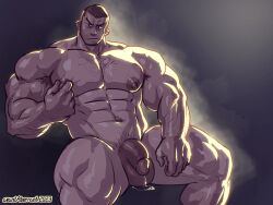 avantaberrant balls bara big_balls big_penis flaccid human human_only male male_only muscles muscular nipple_tweak nude penis precum sitting solo solo_male