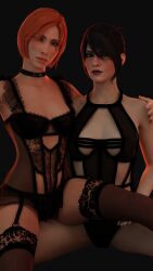 2girls 3d ass bisexual_(female) black_hair black_lingerie blender breasts desess3intes dragon_age dragon_age_inquisition dragon_age_origins female female_only leliana morrigan_(dragon_age) red_hair straight_female tagme