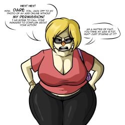 angry angry_face annoyed annoyed_expression blonde_hair clothed english_text female karen large_breasts light_skin max1mus original_character talking_to_viewer text thick_thighs wide_hips