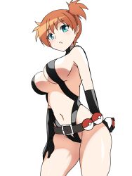 asymmetrical_hair bare_shoulders belt bikini blush breasts cleavage creatures_(company) female game_freak green_eyes highres huge_breasts husiginomati kasumi_(pokemon) large_breasts legs looking_at_viewer navel nintendo orange_hair poke_ball pokemon ponytail short_hair short_ponytail side_ponytail simple_background slingshot_swimsuit smile solo swimsuit the_electric_tale_of_pikachu thick_thighs thighs white_background