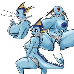 anthro areola ass big_breasts big_butt big_penis blue_areola blue_body blue_eyes blue_nipples blue_sclera blush blush_lines breasts clothed clothing clothing_aside crouching disembodied_penis ear_fins eeveelution female fin fish_tail generation_1_pokemon genitals grey_clothing grey_swimwear hi_res huge_breasts junker_draws looking_at_viewer looking_back looking_back_at_viewer male male/female navel nintendo nipples open_mouth penetration penis pokemon pokemon_(species) rear_view sex simple_background solo swimwear swimwear_aside thick_thighs tongue tongue_out topless vaginal_penetration vaginal_penetration vaporeon white_background wide_hips