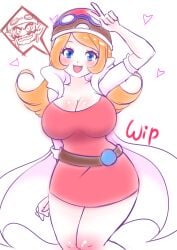 belt big_breasts blue_eyes girl goggles heart lab_coat mona_(warioware) motorcycle_helmet orange_hair peace_sign pin red_dress smile smilling sugarbell thick_thighs v_sign wario warioware white_background