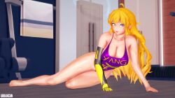 1girls arrancon blonde_female blonde_hair gym gym_equipment long_hair long_hair_female name_on_clothing outfit pose posing purple_eyes robotic_arm rwby yang_xiao_long