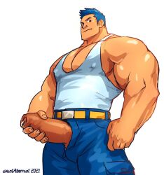 1boy 2021 advance_wars avantaberrant balls bara belt big_balls big_penis blue_hair blue_pants boner clothed clothing erect_penis erection foreskin gay human human_only male male_only masturbation max_(advance_wars) muscles muscular muscular_male nipples nipples_visible_through_clothing penis penis_out penis_through_fly precum simple_background solo solo_male tank_top white_background white_tank_top yellow_belt