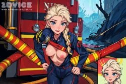 2dvice ai_generated blonde_hair blue_eyes braid braided_hair breasts cleavage cleavage_cutout costume disney disney_princess elsa_(frozen) fantasy female female_only fire firefighter frozen_(film) good_girl gray_hair job landscape medium_breasts princess roleplay small_breasts teenager topless topless_female uniform wallpaper white_hair widescreen young younger_female