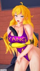 arrancon black_dildo blonde_female blonde_hair dildo gym hand_under_breasts long_hair long_hair_female name_on_clothing outfit purple_eyes robotic_arm rwby sweaty_body tongue_out yang_xiao_long