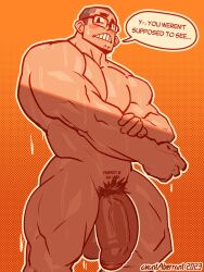 avantaberrant balls bara big_balls big_penis blush embarrassed flaccid glasses human human_only male male_only muscles muscular nude penis solo solo_male speech_bubble sweat sweating