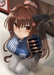 1boy bound bound_arms brown_hair employee_uniform female from_above glaring gun high_ponytail holding holding_gun holding_weapon kantai_collection kneeling lawson looking_down male/female penis red_eyes shirt solo_focus striped striped_shirt toka_(marchlizard) uniform weapon yamato_(kantai_collection)