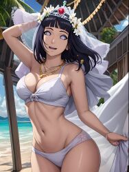 1girls ai_generated big_breasts bikini blue_hair boruto:_naruto_next_generations breasts crown female female_focus female_only gloves hyuuga_hinata light-skinned_female light_skin looking_at_viewer midriff milf missessai naruto naruto_(series) navel solo solo_female solo_focus wedding_veil white_bikini white_eyes white_gloves