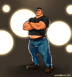 avantaberrant balls bara big_balls big_penis bulge clothing crossed_arms fully_clothed human human_only jeans male male_only muscles muscular no_visible_genitalia penis shirt solo solo_male