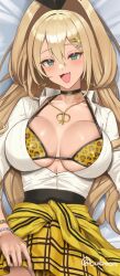 1girls blonde_hair breasts cleavage cuboon cute_fang female goddess_of_victory:_nikke green_eyes gyaru huge_breasts large_breasts light-skinned_female light_skin long_hair naughty_face rupee_(nikke) smile tan tan-skinned_female tanned_skin