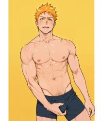 1boy bleach erection_under_clothes gay grabbing_bulge ichigo_kurosaki looking_at_viewer male male_only muscular muscular_male no_visible_genitalia pubic_hair_peek solo underwear underwear_only