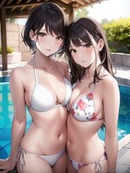 2girls ai_generated ai_mirror belly_button blush breast_press brown_eyes brown_hair bush flower_pattern heads_together lesbian long_hair looking_at_viewer pool short_hair small_breasts white_bikini white_skin wooden_ceiling wooden_fence yuri