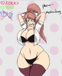 1girls 2023 alternate_breast_size big_breasts bikini breasts clothed clothed_female doki_doki_literature_club female female_only full_comfort full_comfort_(strip_game) full_comfort_monika_(strip_game) green_eyes huge_breasts monika_(doki_doki_literature_club) open_mouth part_3 solo solo_female strip_game thighhighs undressing white_bow