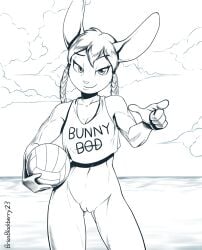 ball beach_ball big_ears bottomless braided_hair braided_pigtails brian_mcpherson clothed clothing cottontail_rabbit cynthia_(brian_mcpherson) female genitals gesture hair inflatable ink lagomorph leporid mammal monochrome pointing pussy rabbit sea sport twintails volleyball water