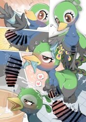 absurd_res animal_crossing anthro avian avian_feet balls beak bird blue_body blue_feathers blush bodily_fluids breasts censor_bar censored censored_genitalia censored_penis clothing comic crouching cum cum_in_bucket cumshot drooling ejaculation erection feathers futanari galliform genital_fluids genitals green_body green_feathers gynomorph heart hi_res holding_penis humanoid_genitalia humanoid_penis intersex julia_(animal_crossing) looking_at_another masturbation multicolored_body multicolored_feathers nintendo nipples oposa orgasm orgasm_face panties panties_in_mouth peafowl pee peeing penile penile_masturbation penis phasianid rule_63 saliva simple_background solo stroking_penis sweat tail_feathers talons underwear urethra urine winged_arms wings