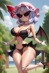 ai_generated armpits bimbo bimbo_body bimbofication bimbofied body_modification dollification female high_heels hourglass_figure huge_ass huge_breasts implied_transformation midriff npg8993 panties permanent_smile remilia_scarlet smile sunglasses sunnification thick_thighs thin_waist touhou transformation wide_hips