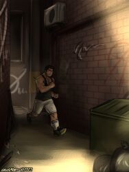 alley avantaberrant bara clothing fully_clothed human human_only male male_only muscles muscular shorts solo solo_male sweat sweating syringe tank_top