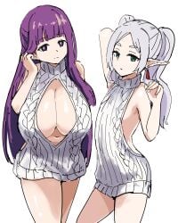 2girls absurdres adjusting_hair alternate_costume aran_sweater backless_outfit blunt_bangs breasts cable_knit cleavage commentary_request drop_earrings earrings elf female female_only fern_(sousou_no_frieren) frieren green_eyes grey_hair highres huge_breasts jewelry long_hair looking_at_viewer meme_attire multiple_girls naked_sweater navel parted_bangs pointy_ears purple_eyes purple_hair sidelocks small_breasts sousou_no_frieren straight_hair sweater tenten_(chan4545) thick_eyebrows turtleneck turtleneck_sweater twintails virgin_killer_sweater white_background white_sweater