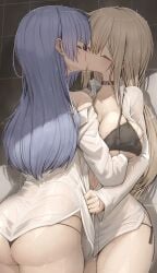 2girls against_wall ass belt_collar black_bra black_panties blonde_hair blush borrowed_character bra closed_eyes collar collared_shirt commentary_request commission date_a_live genek grabbing grabbing_another's_breast highres izayoi_miku kissing long_hair long_sleeves multiple_girls original panties purple_hair shirt skeb_commission underwear white_shirt yuri