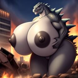 ai_generated anthro big_breasts black_nipples breasts breasts_bigger_than_body breasts_bigger_than_head breasts_bigger_than_torso city dark_nipples destruction dorsal_spikes fire frosting.ai giantess godzilla godzilla_(series) grabbing_own_breast huge_breasts hyper_breasts kaiju nipples pussy rule_63